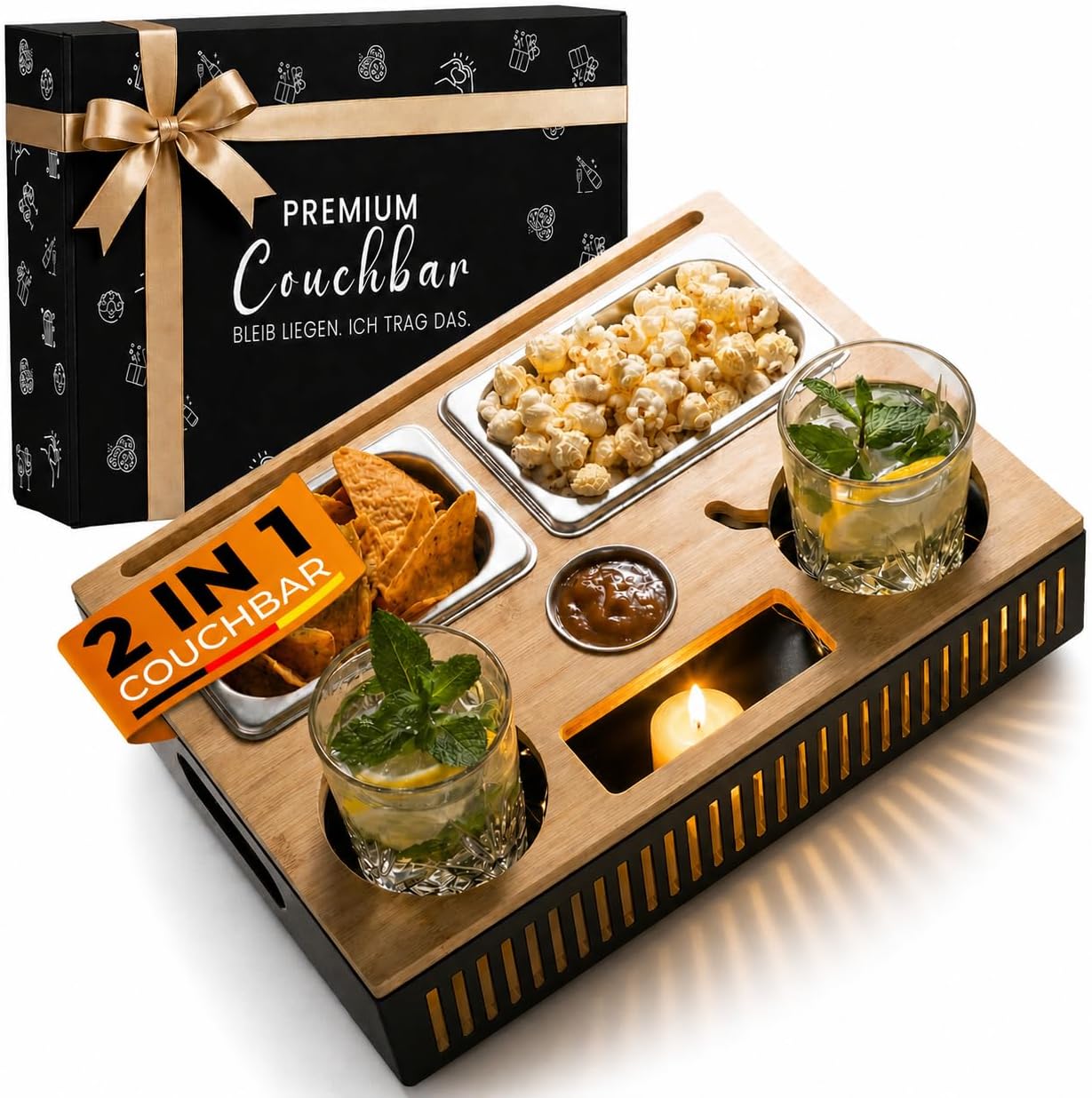LURETI Couchbar Snackbox aus Bambus mit Edelstahlschalen, Getränkehalter und Geschenkbox