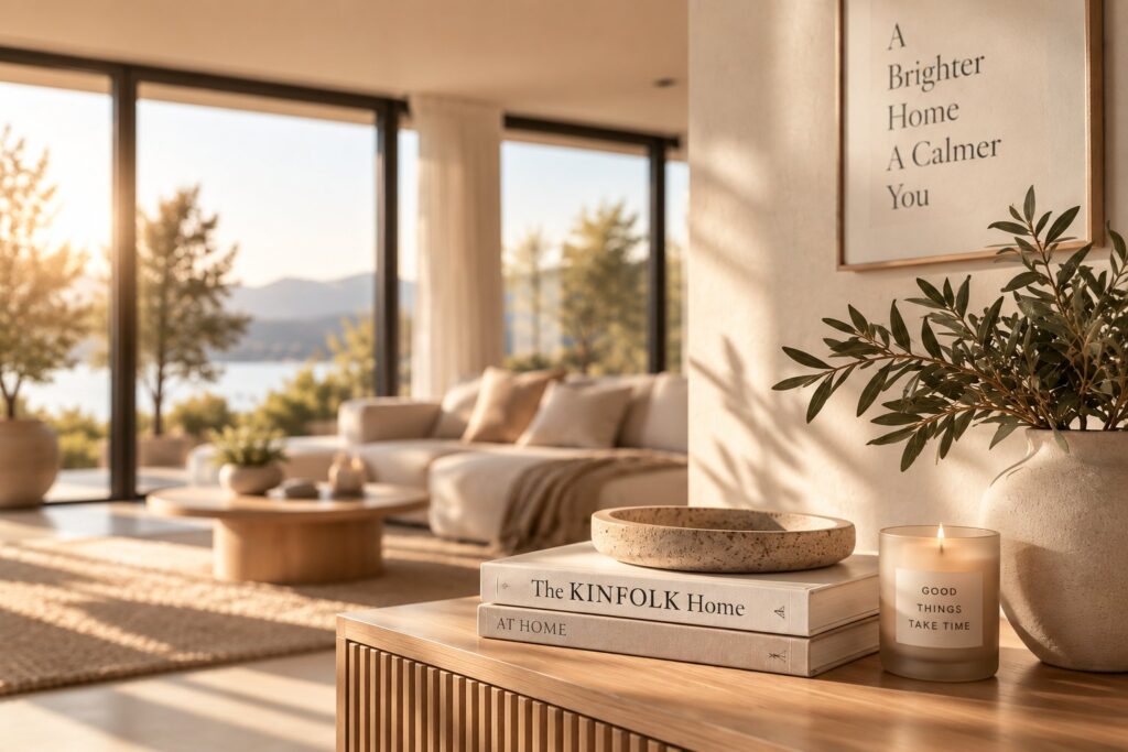 LURETI Home & Living – helles Wohnzimmer mit Holzdeko und Kerze