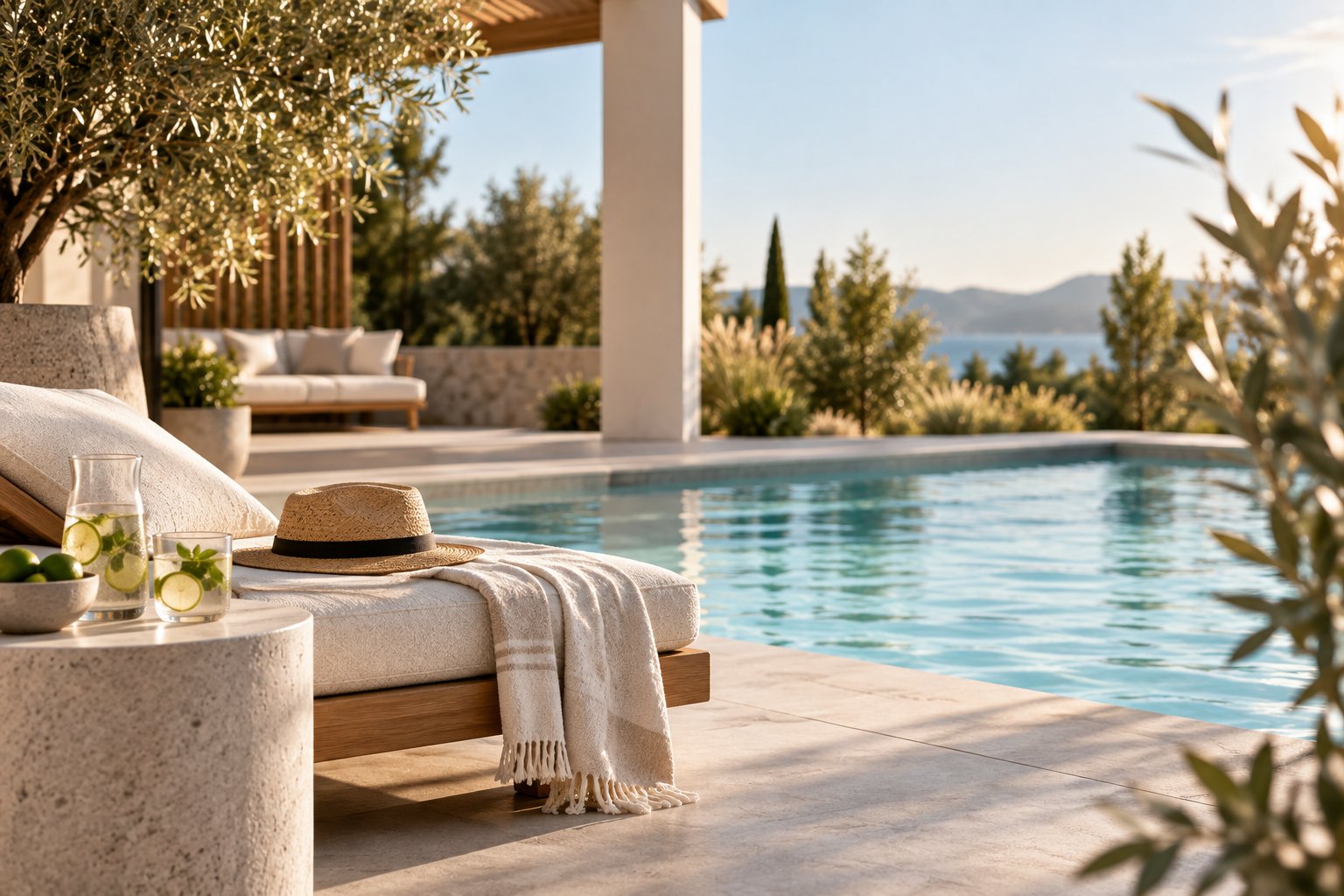 POOLVIA – Pool mit Sonnenliege und Strohhut im Sommer