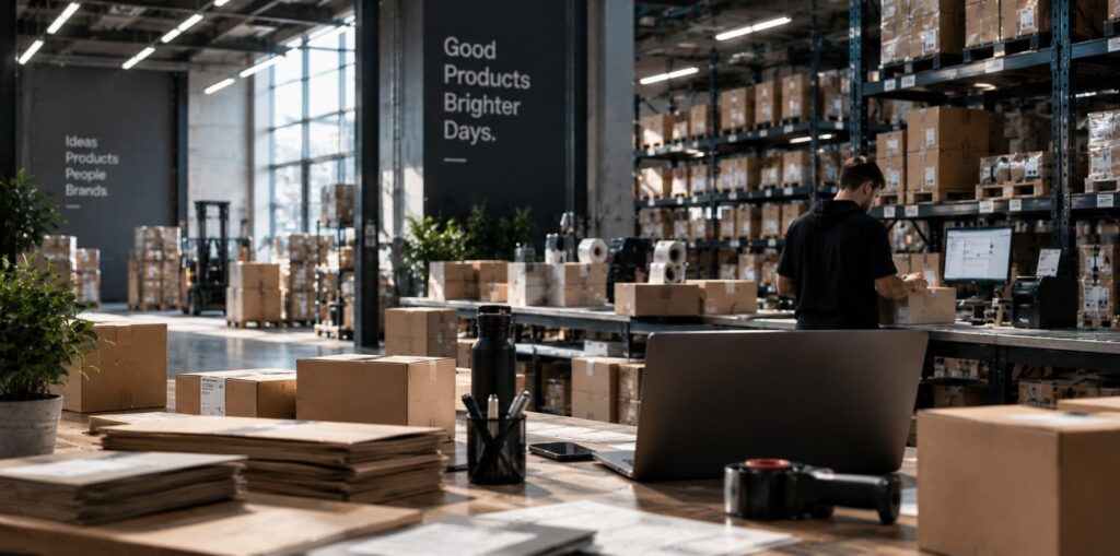 TiMa Brands – Lager mit Versandkartons und Arbeitsplatz im E-Commerce-Betrieb