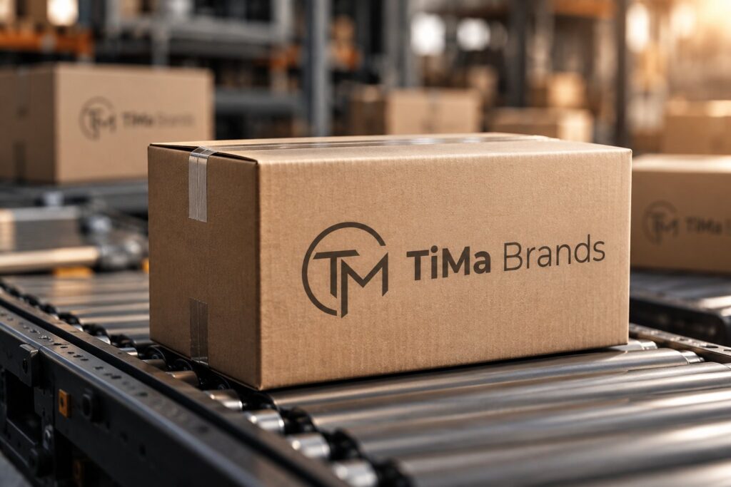 TiMa Brands – Versandkarton mit TiMa-Brands-Logo auf Förderband